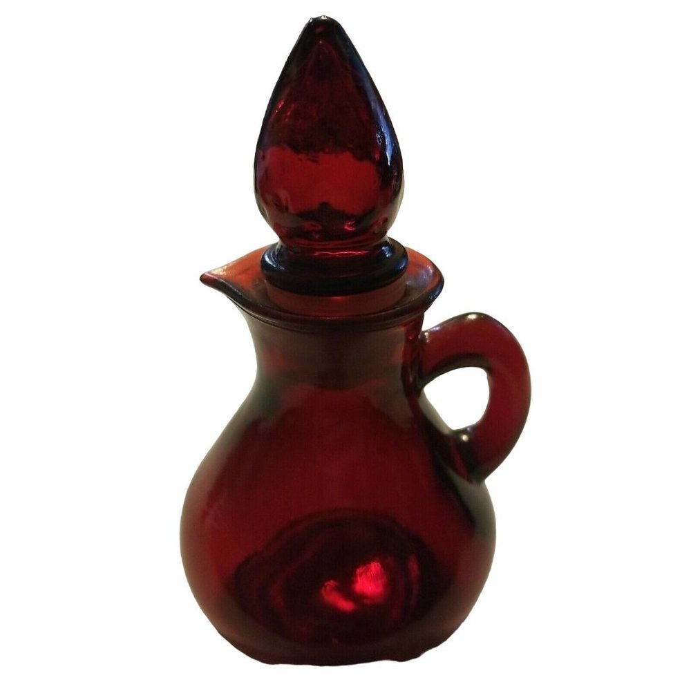 5"VINTAGE AVON RUBY RED GLASS CRUET BOTTLE STOPPER CAPE COD EMPTY 4OZ